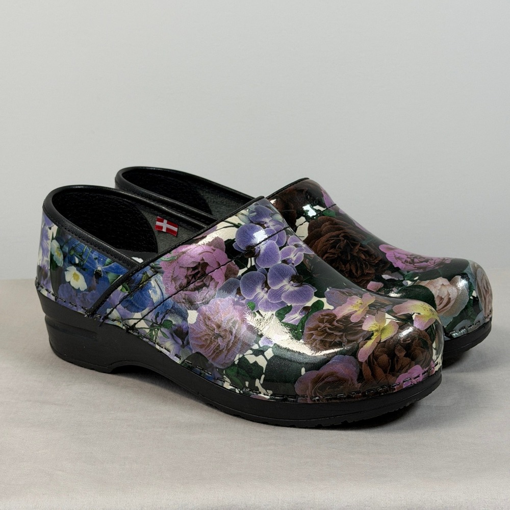 Sanita Professional Floral Patent Leather Danish Clogs Womens 37 Flower Print